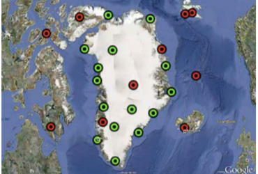 GLISN seismic network - The map shows the location of existing realtime broadband seismic stations (red) joining GLISN with open data sharing and sites (green) where equipment, telemetry, and infrastructure is being installed and upgraded in concert with GLISN partners